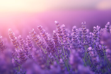 Naklejka premium Lavendelfelder in Südfrankreich, Unendliche Lavendelfelder in der Provence, Lavendelblüte im goldenen Sonnenlicht mit Lichtstimmung und feinem Bokeh