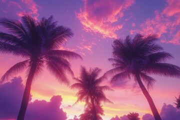 Obraz premium Vibrant sunset view over the ocean with palm trees silhouetted in a tropical paradise