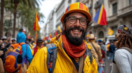 Obraz premium Smiling Participant in a Bright Yellow Jacket and Hat at a Colorful Urban Parade