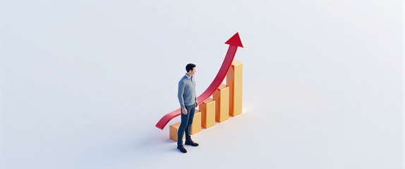 Graphic illustration of a person standing next to a block diagram, constantly growing capital and increasing profit from money deposits, success model