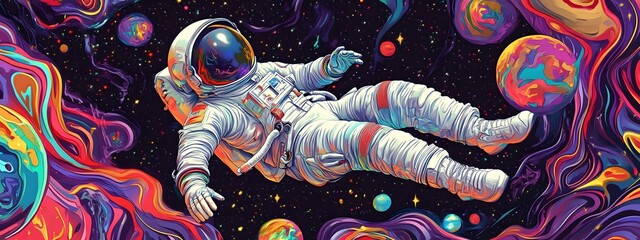 An astronaut floating in space, surrounded by colorful planets and galaxies, illustrated with flat design elements.