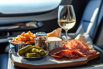 harcuterie board with salami, cheese, pickles, and a glass of white  in the airplane