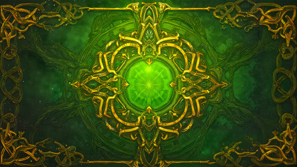 Fototapeta premium Luxurious Celtic Mandala in Emerald Green with Intricate Golden Knotwork Pattern