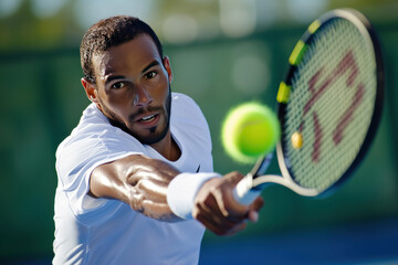  image of a tennis player in mid-action, focused on hitting the ball