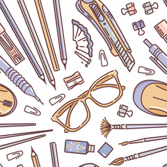 Fototapeta premium A seamless pattern featuring stationery supplies, including pencils, sharpeners, paper clips, USB drives, glasses, cutters, brushes. Ideal for designs related to education, creativity. Back to school