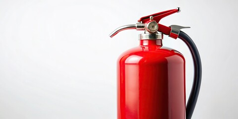 Obraz premium Red fire extinguisher isolated on white background extreme close-up