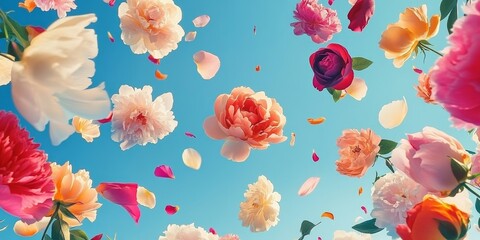 Fototapeta premium A vibrant display of floating flowers illuminated under a clear blue sky during a sunny afternoon in a whimsical nature setting