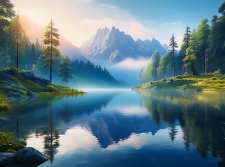 Serene Mountain Scenery with Glassy Lake Reflection