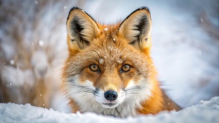 Fototapeta premium Red fox in winter among snow, Extreme Close-Up