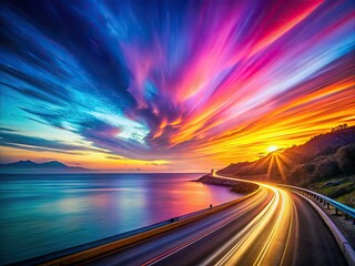 Obraz premium Horizontal light streaks merge seamlessly into a vibrant spectrum, creating a captivating backdrop for dynamic candid photography that brings moments to life brilliantly.