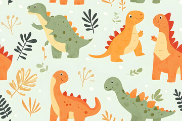 Obraz premium dinosaur seamless pattern tropical kids party textile wallpaper brontosaurus tyrannosaurus illustration decoration