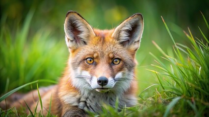 Obraz premium Red fox Vulpes vulpes laying in the grass Extreme Close-Up