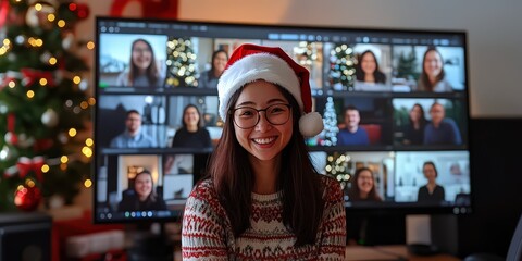  Virtual Christmas office party where employees are seen on a video call displayed on a monitor, celebrating together online during the holidays.