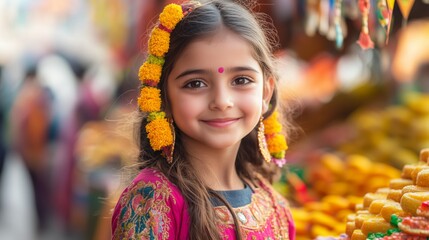 Fototapeta premium A girl in bright Indian clothes joyfully explores a vibrant market full of colors