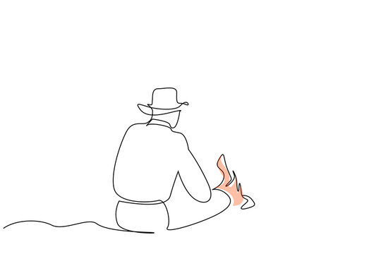 recommend clip art: cowboy man hat nature calm rest campfire wild life one line art design vector