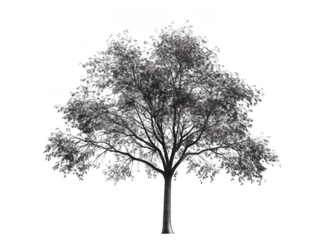 Silhouetted tree with intricate branches and leaves on a transparent background.