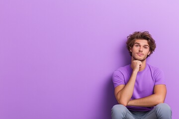 Young man in purple shirt poses thoughtfully against violet minimalist wall in bright studio