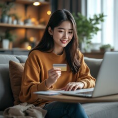 Asian woman sitting and holding credit card for online shopping by laptop and smart phone at home