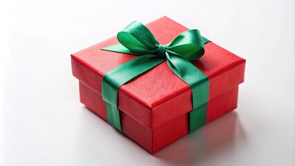 Obraz premium red gift box with green ribbon on white background in forced perspective