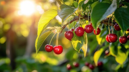 Obraz premium A cherry tree in full bloom, with ripe cherries hanging among the bright green leaves under the summer sun.