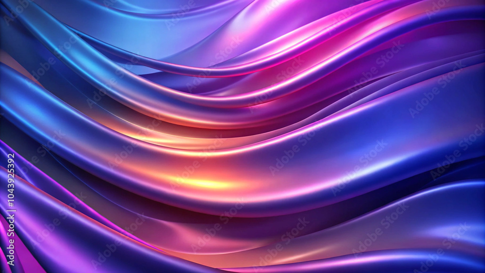Poster Holographic fabric in motion, captured in a 3D abstract visualization. 3d render, abstract wavy liquid background, ultraviolet holographic foil, petrol surface, pink blue iridescent texture, ripples. 