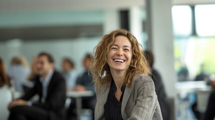 Fototapeta premium Caucasian woman laughing at a business conference. 