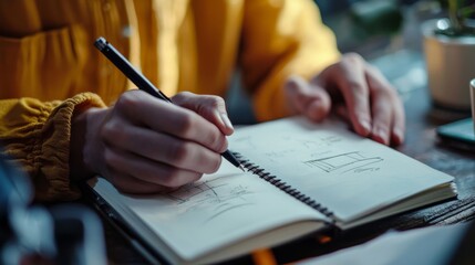 Naklejka premium Architectural Sketching: A close-up of an architect sketching ideas in a notebook