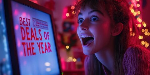  Excited woman reacts to "Best Deals of the Year" displayed on her computer screen, showcasing the thrill of online holiday shopping.