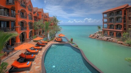 An infinity pool overlooking a turquoise lagoon with lounge chairs and orange umbrellas in a tropical resort.