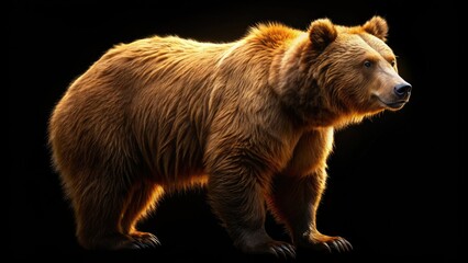 Obraz premium Impressive silhouette of a brown bear against a stark black background, capturing the essence of wildlife photography in a striking and artistic manner.