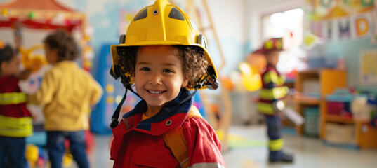 Preschool Dress-Up Fun: Child as Firefighter in Bright Classroom for Playful Learning and Social Interaction