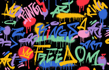 Graffiti lettering seamless pattern elements in the grunge style with tags, spray, drips, blobs. Design urban savage spray paint art. Street creative vector teenage graffiti for tee t shirt, poster.