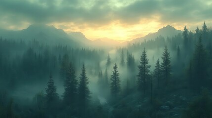 Obraz premium photorealistic illustration of mystical mountains shrouded in fog at dawn creating an ethereal atmosphere with soft diffused light filtering through trees