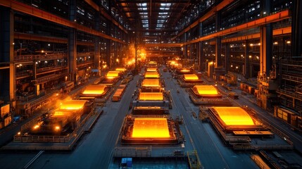 An overhead view of a large industrial factory with molten metal in containers on a conveyor belt system.