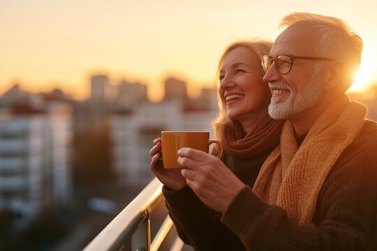 Senior couple enjoying sunset with coffee on balcony