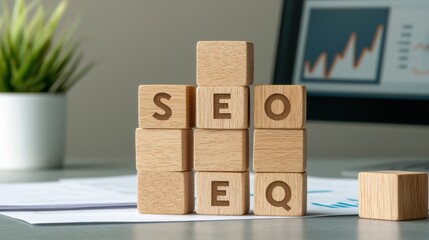 The image features wooden blocks displaying the letters "SEO" and "EQ," set against a stylish desk backdrop with a plant and charts.