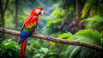 Obraz premium Scarlet Macaw perched on branch in rainforest