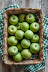 Fresh green apples arranged in a woven basket on a textured cloth background
