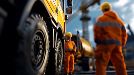 Fototapeta premium Construction workers stand near a large truck at a construction site.
