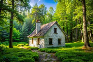 Obraz premium In a tranquil forest, an unfinished white brick house lies abandoned, overgrown with lush green trees, creating a hauntingly beautiful scene full of untold stories.