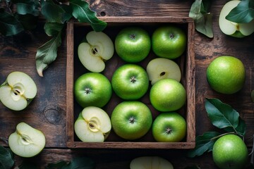 Fresh green apples in a wooden crate surrounded by leaves on a rustic surface