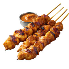 Chicken Satay with Peanut Sauce, tender skewered chicken served with a rich, creamy peanut dipping sauce, garnished with fresh herbs.
