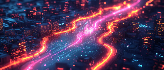 Obraz premium Futuristic Cityscape with Neon Lights and Digital Pathways