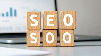 The image features wooden blocks spelling "SEO" and "SOO," set against a blurred background with graphs, representing digital marketing and strategy.