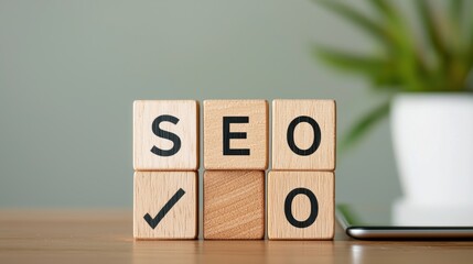 Wooden blocks display "SEO" with a checkmark, symbolizing successful optimization beside a plant, conveying a modern, organized workspace.