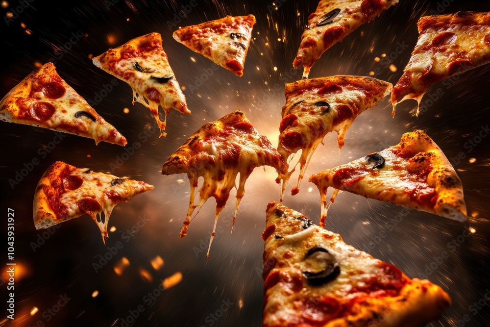Poster savory pizza slices with gooey cheese and toppings soar diagonally, creating a lively atmosphere per
