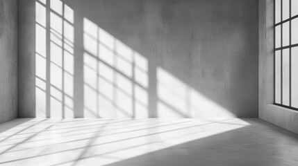 Obraz premium abstract. minimalistic background for product presentation. walls in large empty room greyish white. can full of sunlight. Loft wall or minimalist wall. Shadow, light from windows to plaster wall.