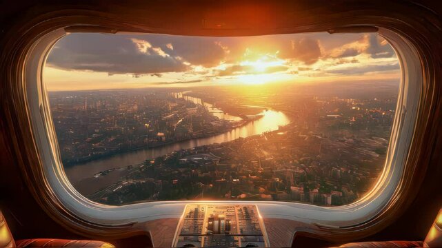 Beautiful aerial view of a sunset over a sprawling city, seen from the cockpit of a private jet. A symbol of luxury and exploration