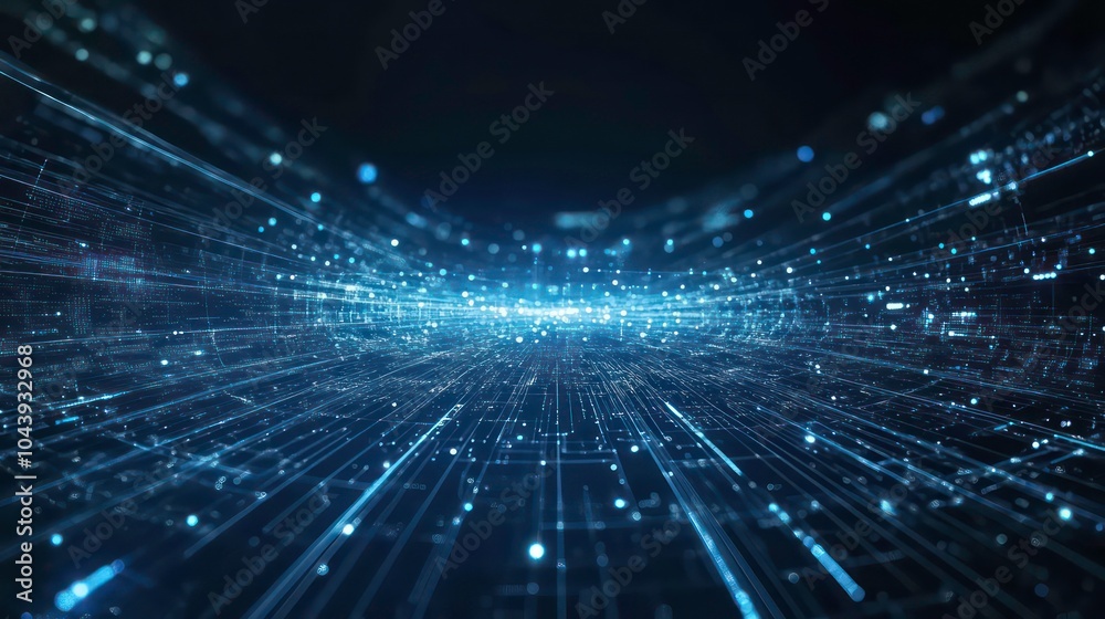 Poster Abstract digital data stream with blue glowing lines, dots, and circuits in a dark background.