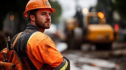 Fototapeta premium Construction worker in orange safety gear and helmet looking at camera with heavy equipment in the background.